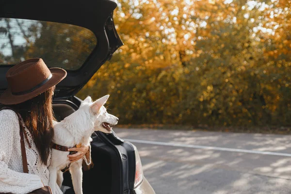 Stylische Junge Frau Sitzt Mit Niedlichem Weißen Hund Kofferraum Und — Stockfoto