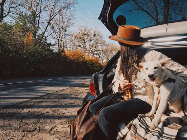 Stylische Junge Frau Sitzt Mit Ihrem Weißen Hund Kofferraum Und — Stockfoto