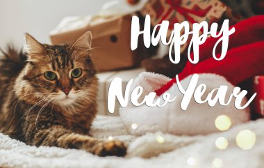 Yeni yılınız kutlu olsun. Altın ışıklarda Noel Baba ağacının altında paketlenmiş hediye kutuları ve şapkalarında oturan sevimli tekir kedinin el yazısı. Tebrik kartı, modern mevsimler selamlar.