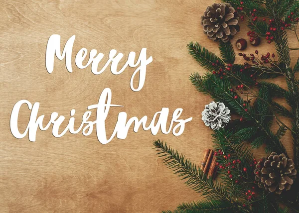 Mutlu Noeller tebrik kartı. Mutlu Noeller el yazısıyla Noel ağacı dalları, çam kozalakları, kır ağacında kırmızı böğürtlen, düz yatak. Mutlu tatiller, mevsimler selamlar