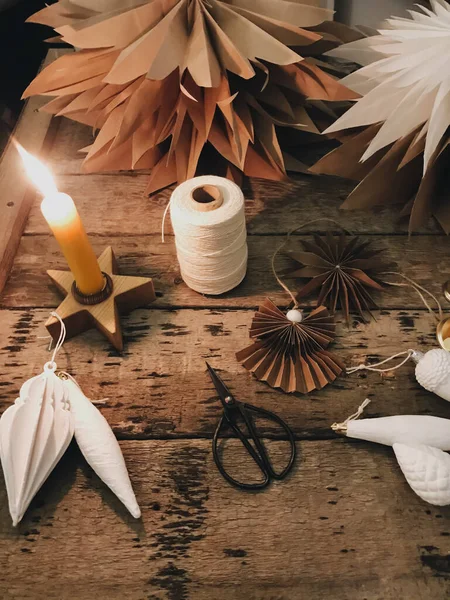 Stylish Christmas Paper Star Angel White Ornaments Rustic Wooden Table — Stock Photo, Image