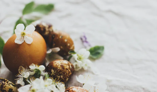 Ovos Páscoa Com Flores Primavera Fundo Linho Rústico Com Espaço — Fotografia de Stock
