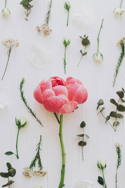 Stylish Peony Roses Eucalyptus Branches Flowers Composition White Wood Flat — Stock Photo, Image