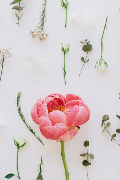 Hello Spring Stylish Peony Roses Eucalyptus Branches Flowers Composition White — Stock Photo, Image