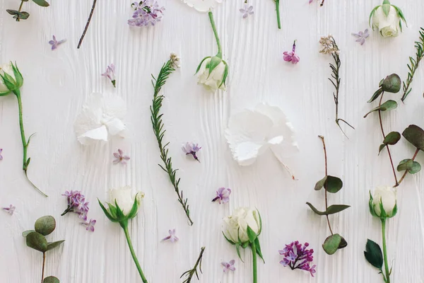 Spring Flowers Flat Lay Stylish Lilac Roses Eucalyptus Branches Petals — Stock Photo, Image