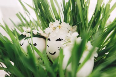 Çiçekli çelenklerde uyuyan yüzler çizilmiş paskalya yumurtaları yumuşak ışıkta yeşil çimlerde. Mutlu Paskalyalar ve Paskalya Avları konsepti! Mesaj için yer var. Çevre dostu sıfır atık tatili