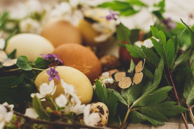 Çağdaş pastel paskalya yumurtaları, bahar çiçekleri ve kırsal keten kumaş üzerinde kelebek. Mutlu Paskalyalar! Çiçek açan gri tekstil keman ve şakayık çiçekleri üzerine doğal boyanmış sarı ve kahverengi yumurtalar.