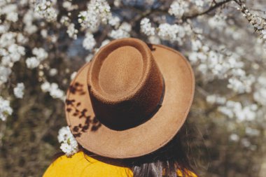 Şapkalı şık bir kadın güneşli bir bahar gününde kiraz dalları arasında şehvetle poz veriyor. Sakin bir an. Sarı ceketli, beyaz çiçeklerle sarılan şık bir kadın.