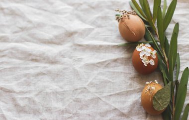 Mutlu Paskalyalar! Kuru çiçeklerle süslenmiş zarif Paskalya yumurtaları ve yeşil dallı kırsal keten peçeteye taç yaprakları. Mesaj için yer var. Yumurtaların yaratıcı doğal çevre dostu dekorasyonu