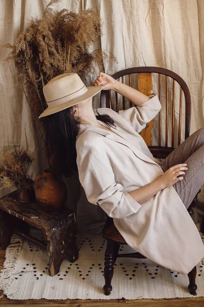 Beautiful Stylish Woman Suit Sitting Retro Wooden Chair Background Bohemian — Stock Photo, Image