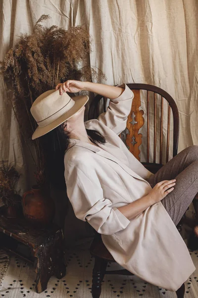 Beautiful Stylish Woman Suit Sitting Retro Wooden Chair Background Bohemian — Stock Photo, Image