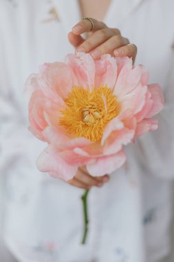 Ellerinde pembe şakayık olan şehvetli, güzel bir kadın. Boho çiçekli tişörtlü, zarif bir bayan, elinde büyük bir şakayık çiçeği tutuyor. Yumuşak bir görüntü. Bahar Estetiği