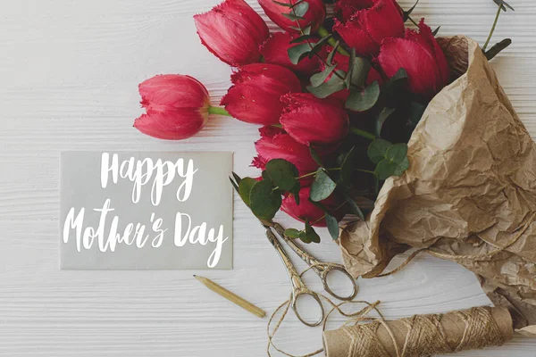 Happy Mother Day Happy Mother Day Text Card Red Tulips — Stock Photo, Image