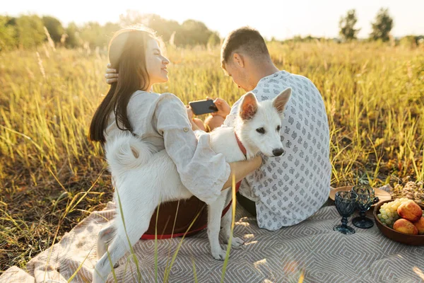 Стильна Красива Пара Білим Собакою Відпочиває Ковдрі Теплому Сонячному Світлі — стокове фото