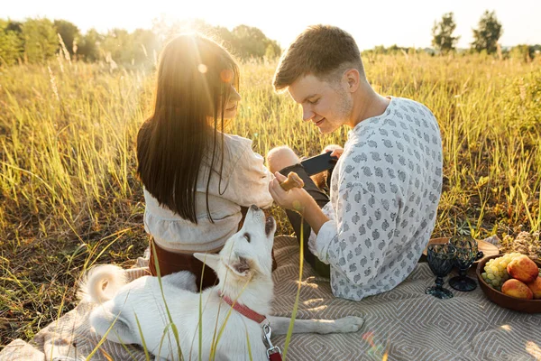 Stylish Happy Couple Relaxing Sunny Light White Dog Blanket Grass — Stock Photo, Image