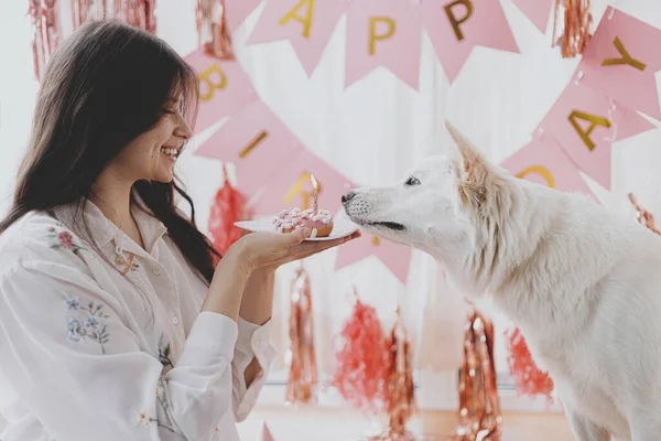 Dog Birthday Party Happy Young Woman Celebrating Dog First Birthday — Stock Photo, Image