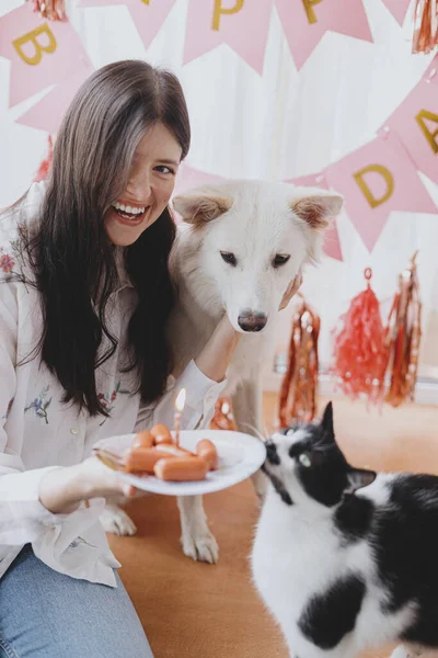 Pet Birthday Party Happy Young Woman Dog Cat Celebrating Birthday — Photo