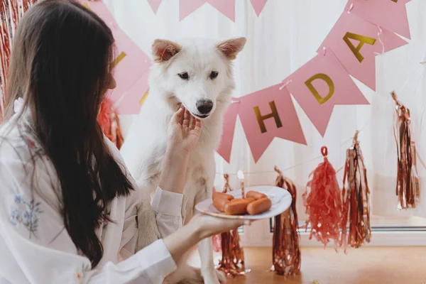 Jovem Feliz Celebrando Aniversário Cão Com Bolo Salsicha Vela Fundo — Fotografia de Stock