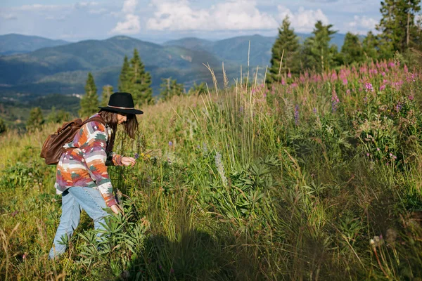 Vrouwelijke Reiziger Met Rugzak Hoed Wandelen Prachtige Berg Heuvels Het — Stockfoto