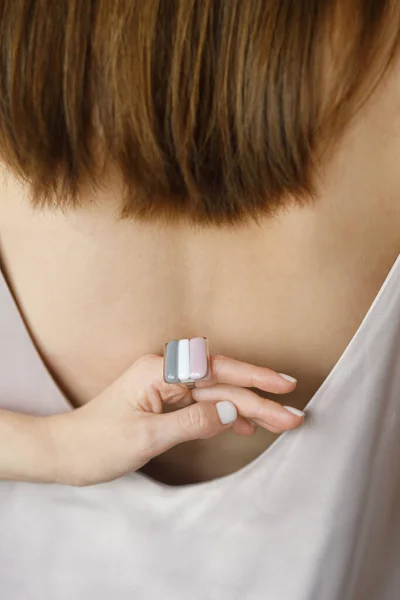 Stylish Modern Square Pink Ring Hand White Manicure Closeup Fashionable — Stock Photo, Image