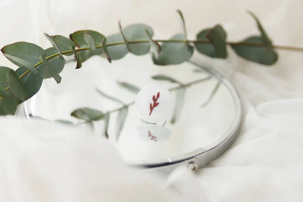 Snygg Modern Vit Rund Ring Och Eukalyptus Gren Spegel Mjuk — Stockfoto
