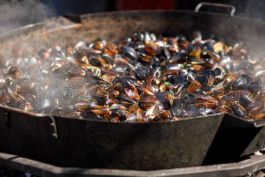 Lezzetli midyeler büyük kasede kaynıyor, açık hava mutfağında deniz ürünleri pişiriliyor. Sokak yemekleri festivalinde lezzetli midyeler hazırlıyorum. Yaz zamanı. Yaz pikniği