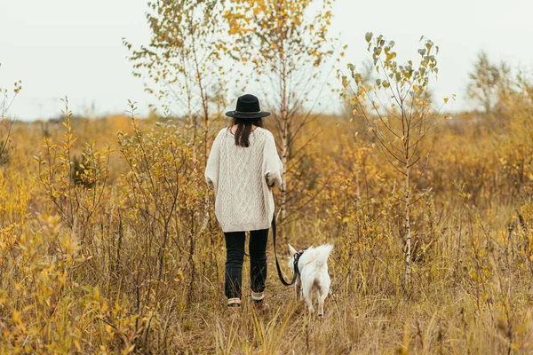 Stylový Hipster Žena Chůze Roztomilým Bílým Psem Pozadí Podzimních Stromů — Stock fotografie