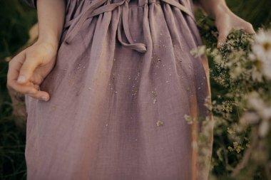 Yaz otlağında çimlerin arasında, üzerinde kır çiçeklerinin yaprakları olan güzel keten elbiseler, kumaş kapanıyor. Kırsalda papatya ve maydanoz topluyorum. Atmosferik an