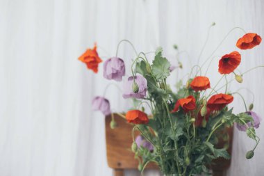 Odadaki kırsal tekstil arka planındaki ahşap sandalyede güzel haşhaş buketleri. Kırsal alandaki kır çiçeklerini toplamak, kırsal kesimdeki natürmortları toplamak. Vazoda kırmızı haşhaş ve mor afyon çiçekleri