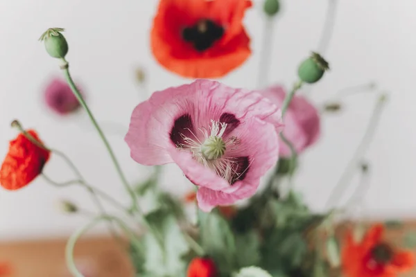 Indah Poppies Buket Meja Kayu Kamar Kelopak Menutup Mengumpulkan Bunga — Stok Foto