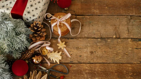 Christmas Cookies Stylish Gift Festive Decorations Rustic Wooden Table Atmospheric — Stock Photo, Image