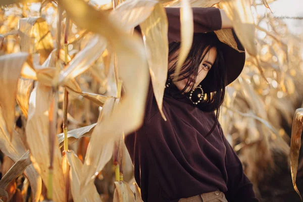 Stylowa Kobieta Kapeluszu Brązowe Ubrania Pozowanie Jesiennym Polu Kukurydzy Ciepłym — Zdjęcie stockowe
