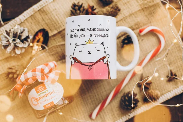 2017 Lviv Ukraine Homemade Literberry Jam Cup Cute Cat Pine — 스톡 사진