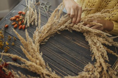 Kırsal sonbahar boho çelengi yapıyorum. Elleri kuru çimenleri tutuyor ve kır çiçekleriyle, yabani otlarla ve kırsal ahşap arka planda böğürtlenlerle şık çelenkler yapıyor. Tatil atölyesi