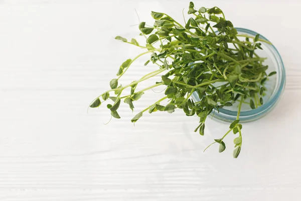 Glass Jar Fresh Peas Sprouts White Wood View Green Peas — Stock Photo, Image