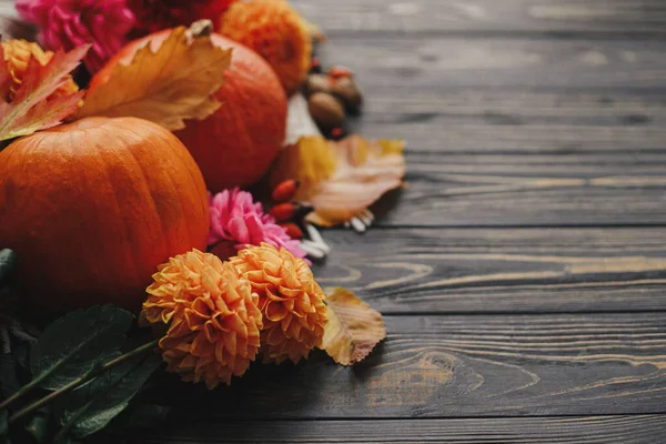 Schöne Herbstkomposition Mit Platz Für Text Kürbisse Herbstblumen Beeren Blätter — Stockfoto
