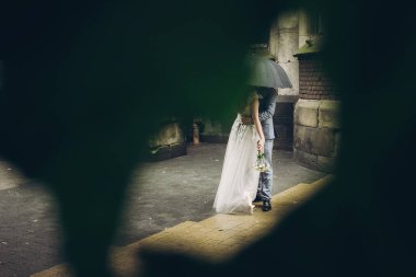 Şık gelin ve damat şemsiye altında eski kilisenin arka planında öpüşüyor, ağaç yaprakları arasından yaratıcı bir manzara. Provence düğünü. Şemsiye altında kucaklaşan güzel bir çift.