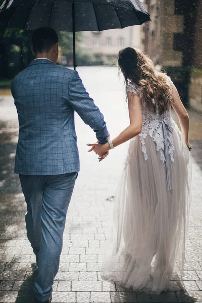 Noiva Elegante Noivo Andando Sob Guarda Chuva Mãos Dadas Fundo — Fotografia de Stock