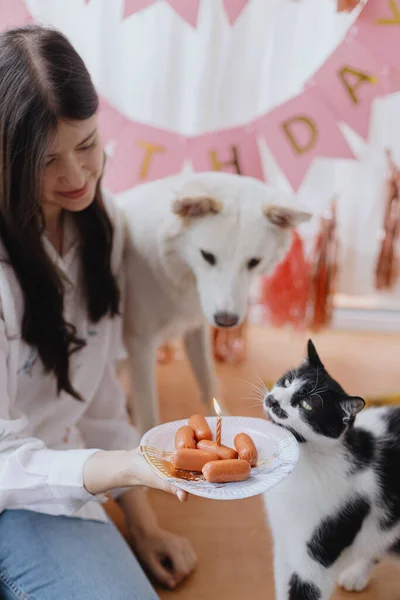 Joyeux Jeune Femme Avec Chien Chat Célébrant Anniversaire Avec Gâteau — Photo