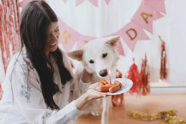 Une Fête Anniversaire Chien Mignon Chien Dégustation Saucisse Gâteau Anniversaire — Photo