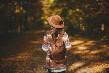 Stylish woman with backpack in hat walking in sunny autumn woods. Young female traveler hiking in beautiful fall forest. Travel and wanderlust concept, space for text. Back view clipart