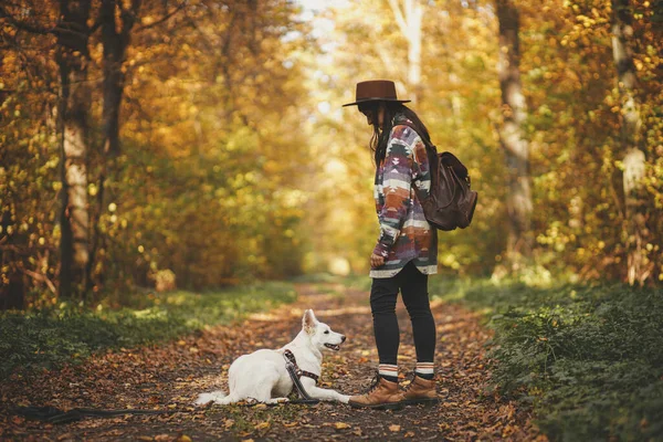 Стильная Женщина Путешественница Шляпе Рюкзаком Стоит Симпатичной Собакой Солнечных Осенних — стоковое фото