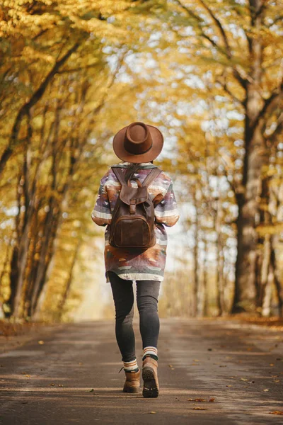 Stilvolle Reiseleiterin Mit Hut Und Rucksack Die Sonnigen Herbstlichen Wäldern — Stockfoto