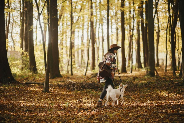 Stilvolle Frau Mit Hut Und Rucksack Die Mit Niedlichem Hund — Stockfoto