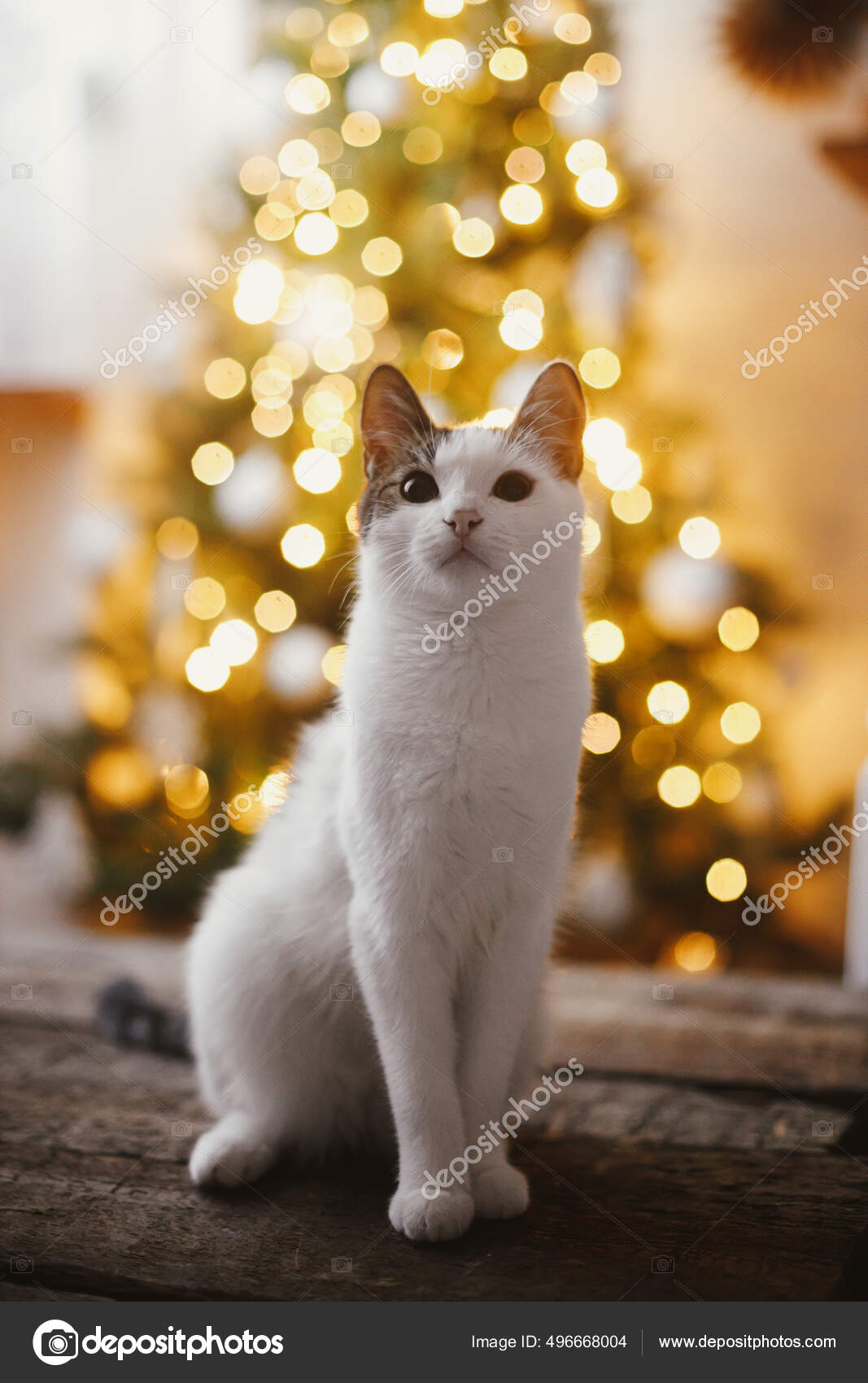 Adorable Gato Sentado Madera Rústica Fondo Las Luces Del Árbol — Foto de  stock #496668004 © Sonyachny, image size:1067x1700