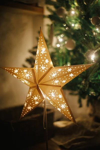 圣诞树背景下的圣诞之星点缀在夜房的灯光下 大纸片明星的花环闪烁着节日装饰的丑闻 大气中的圣诞节前夕 节日快乐 — 图库照片