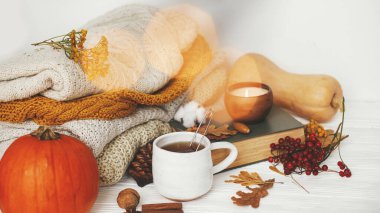 Merhaba sonbahar, rahat ve yavaş yaşam. Balkabağı, bir fincan çay, rahat süveterler, sonbahar yaprakları, yanan mum ve klasik kitap altın ışıklarıyla dolu, beyaz ahşap arka planda. Mutlu Şükran Günleri