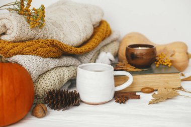 Merhaba sonbahar, rahat ve yavaş yaşam. Balkabağı, bir fincan çay, rahat kazaklar, sonbahar yaprakları, yanan mum ve beyaz ahşap arka plan üzerine eski bir kitap. Mutlu Şükran Günleri