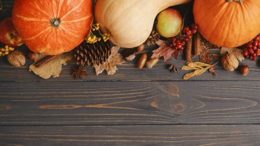 Balkabakları, sonbahar yaprakları, anason, meşe palamudu, tarçın sınırı kırsal kesimlerde. Şükran Günü ve Cadılar Bayramı şablonu kutlu olsun. Metin için yeri olan düz bir yer. Merhaba Autumn. Hasat et