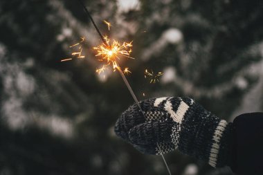 Karda çam ağacı dallarının arka planında yanan maytap tutan sıcak eldiven. Mutlu yıllar! Atmosferik sihir anı. Akşamları elinde parlayan havai fişeklerle kadın eli. İyi tatiller.!